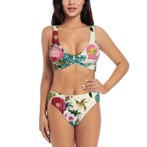 PAYOHTO Women's Cross Front Bikini Set with High Elasticity Soft Padding Bird Butterfly Rose Beige Bathing Suit Crop Top Swimsuit
