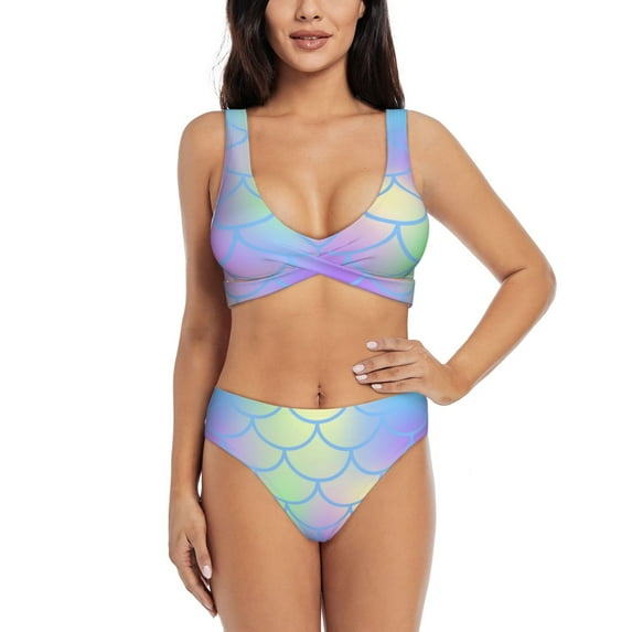 PAYOHTO Women's Cross Front Bikini Set with High Elasticity Soft Padding Colorful Fish Scale Pattern Bathing Suit Crop Top Swimsuit
