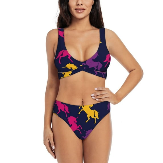 PAYOHTO Women's Cross Front Bikini Set with High Elasticity Soft Padding Colorful Unicorns Blue Bathing Suit Crop Top Swimsuit