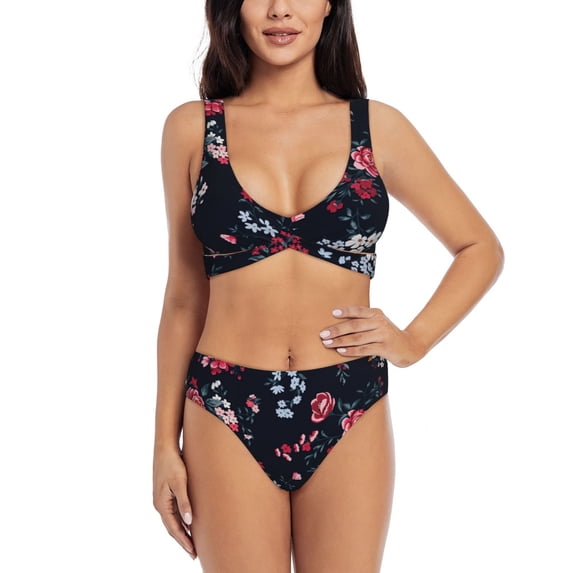 PAYOHTO Women's Cross Front Bikini Set with High Elasticity Soft Padding Floral Pattern Balck Bathing Suit Crop Top Swimsuit