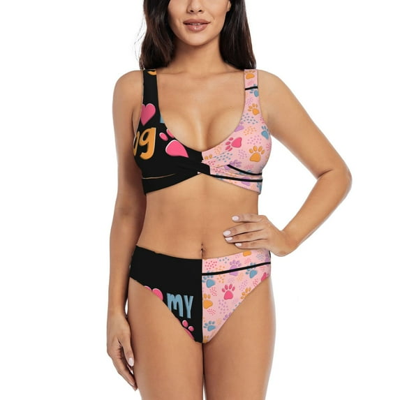 PAYOHTO Women's Cross Front Bikini Set with High Elasticity Soft Padding I Love My Dog Bathing Suit Crop Top Swimsuit