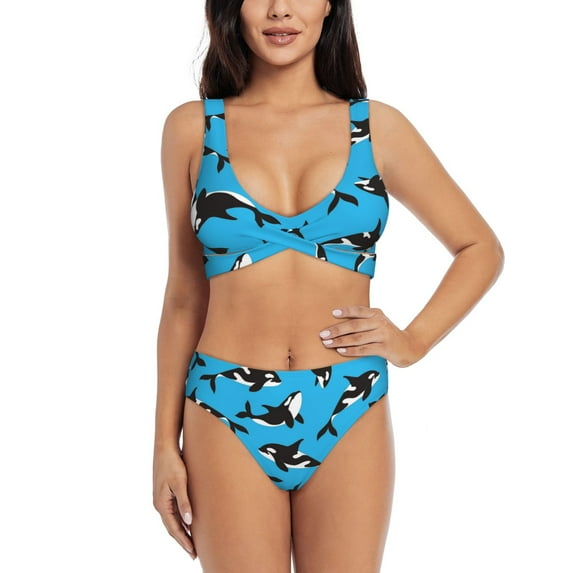 PAYOHTO Women's Cross Front Bikini Set with High Elasticity Soft Padding Killer Whale on Blue Bathing Suit Crop Top Swimsuit