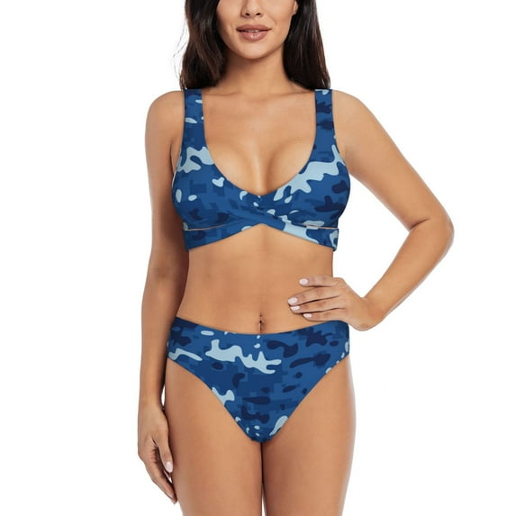 PAYOHTO Women's Cross Front Bikini Set with High Elasticity Soft Padding Modern Navy Camouflage Bathing Suit Crop Top Swimsuit