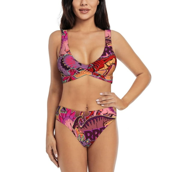 PAYOHTO Women's Cross Front Bikini Set with High Elasticity Soft Padding Multicolored Pattern of Dinosaurs Bathing Suit Crop Top Swimsuit