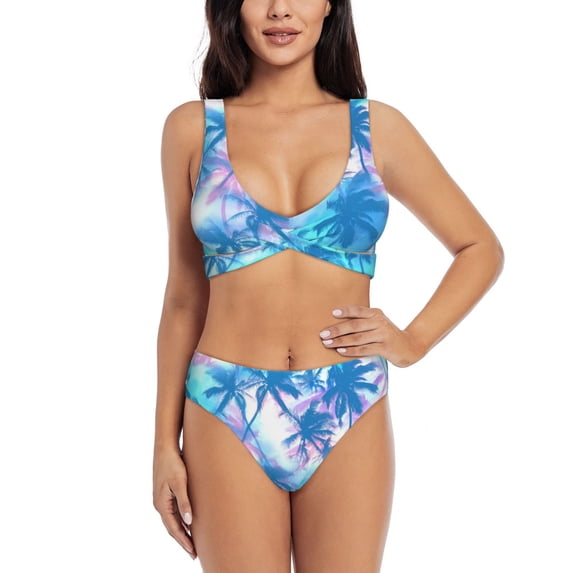 PAYOHTO Women's Cross Front Bikini Set with High Elasticity Soft Padding Palm Tropical Pattern Exotic Bathing Suit Crop Top Swimsuit
