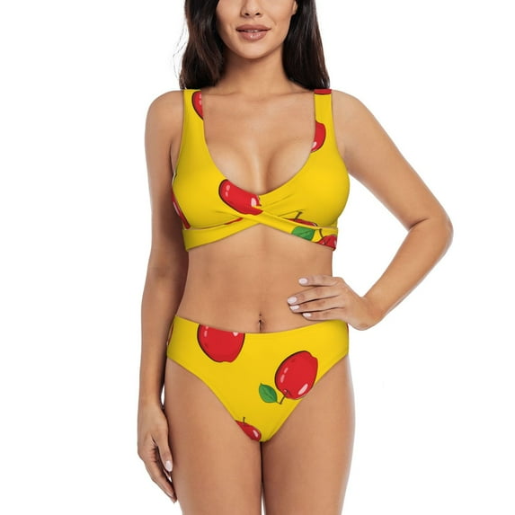 PAYOHTO Women's Cross Front Bikini Set with High Elasticity Soft Padding Red Drawn Apples Yellow Background Bathing Suit Crop Top Swimsuit
