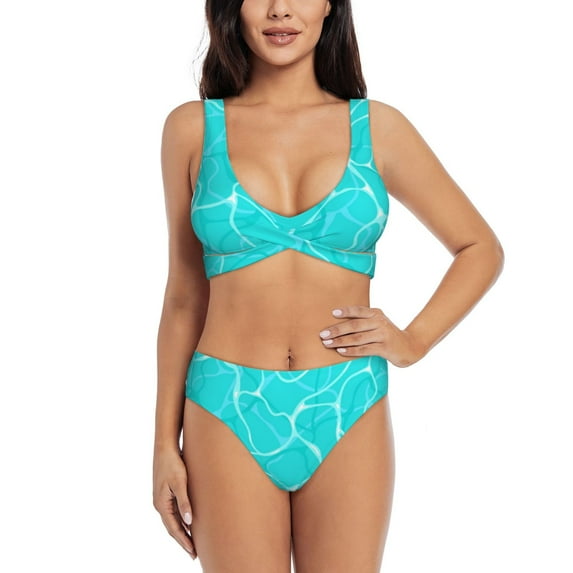 PAYOHTO Women's Cross Front Bikini Set with High Elasticity Soft Padding Sea Water Ripple Top View Textured Bathing Suit Crop Top Swimsuit