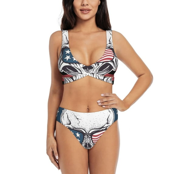 PAYOHTO Women's Cross Front Bikini Set with High Elasticity Soft Padding Skull Sunglasses On USA Flag Bathing Suit Crop Top Swimsuit