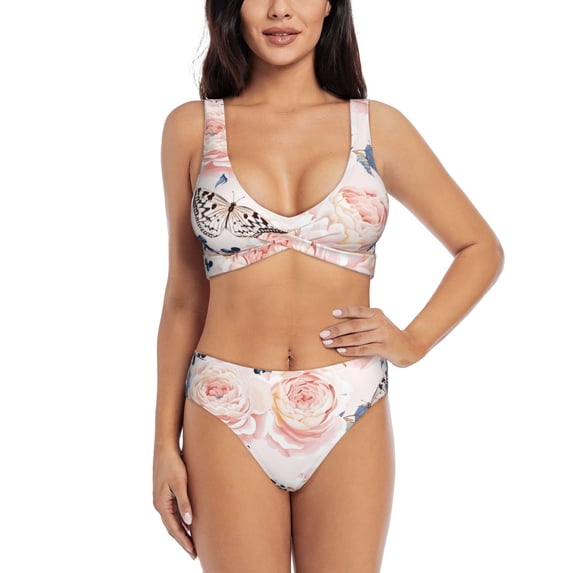 PAYOHTO Women's Cross Front Bikini Set with High Elasticity Soft Padding Vintage Flowers Butterfly Bathing Suit Crop Top Swimsuit