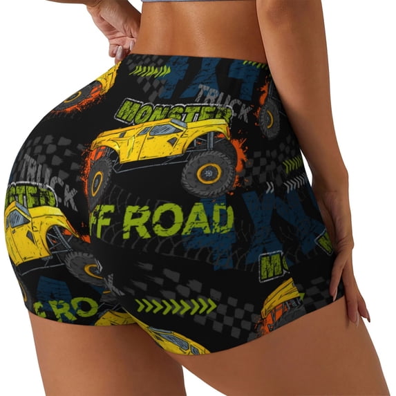 PAYOHTO Women's High Waist Butt Lifting Yoga Shorts Elastic Tight Fit Womens Exercise Shorts for Workout Running Cycling Boy Truck Yellow Car