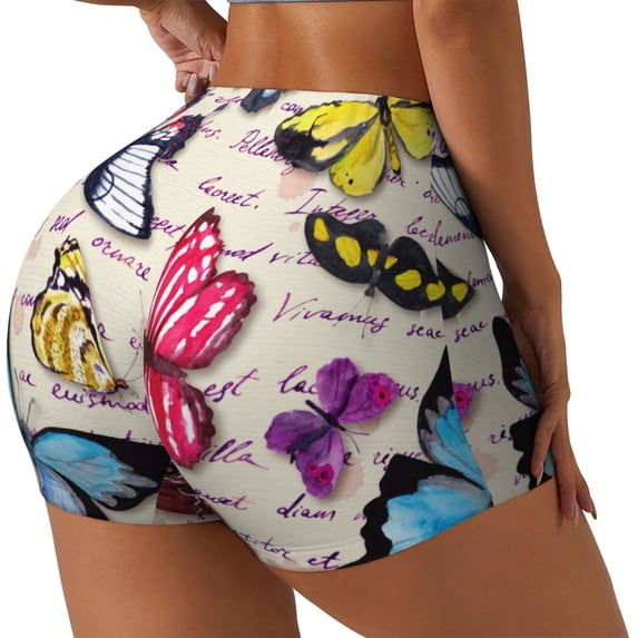 PAYOHTO Women's High Waist Butt Lifting Yoga Shorts Elastic Tight Fit Womens Exercise Shorts for Workout Running Cycling Butterflies Colorful Vintage