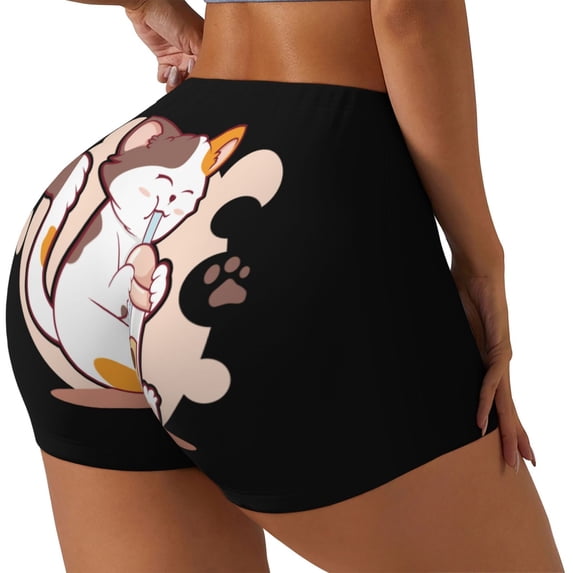 PAYOHTO Women's High Waist Butt Lifting Yoga Shorts Elastic Tight Fit Womens Exercise Shorts for Workout Running Cycling Cat Drinking