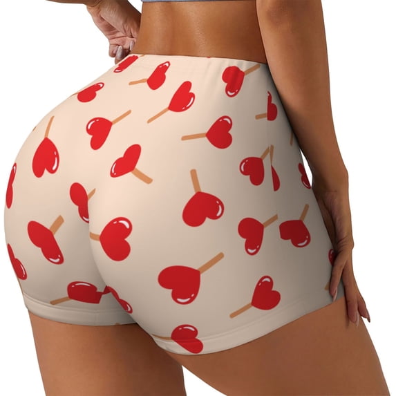 PAYOHTO Women's High Waist Butt Lifting Yoga Shorts Elastic Tight Fit Womens Exercise Shorts for Workout Running Cycling Red Heard Lolly Pops