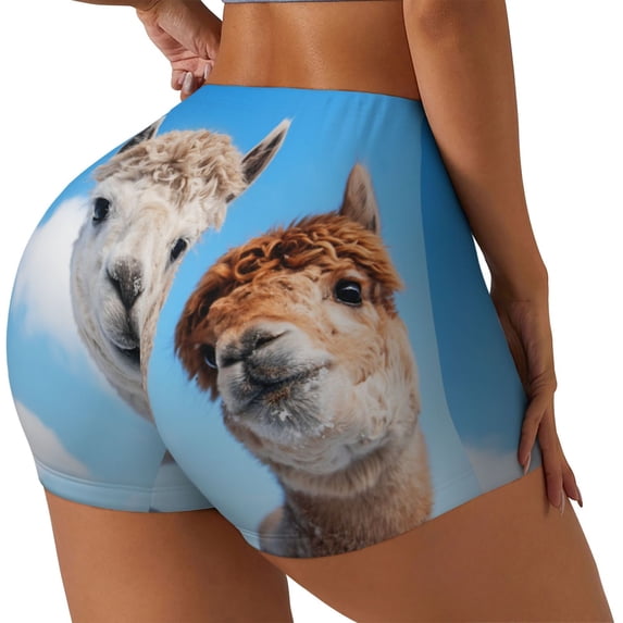 PAYOHTO Women's High Waist Butt Lifting Yoga Shorts Elastic Tight Fit Womens Exercise Shorts for Workout Running Cycling Portrait of Two alpacas Blue Sky