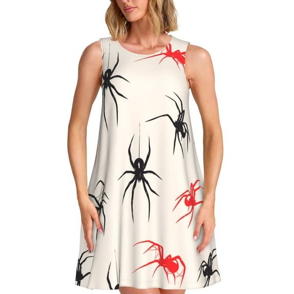 PAYOHTO Women's Sleeveless Dress Black And Red Spiders Summer Dress Casual Floral Print Round Neck A Line Beach Short Sundress with Pockets