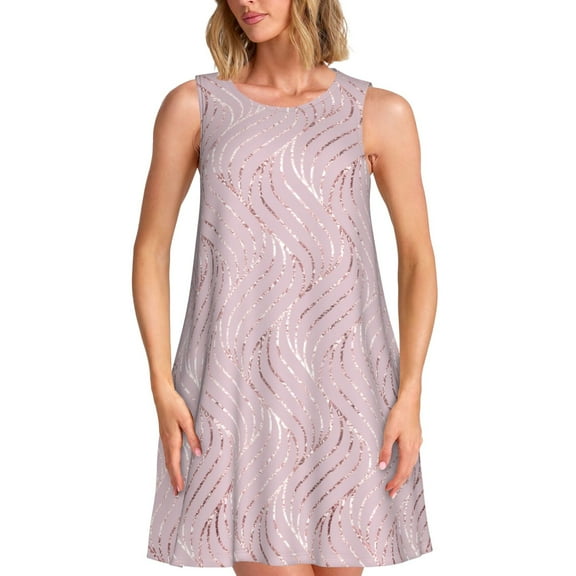 PAYOHTO Women's Sleeveless Dress Wavy Line Rose Gold Summer Dress Casual Floral Print Round Neck A Line Beach Short Sundress​ with Pockets​