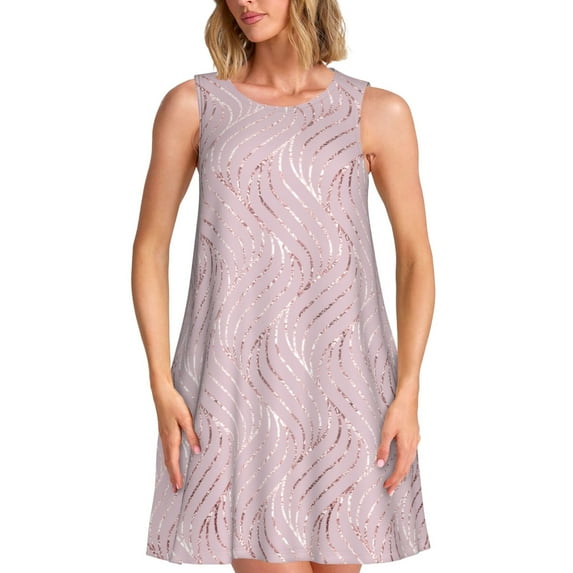 PAYOHTO Women's Sleeveless Dress Wavy Line Rose Gold Summer Dress Casual Floral Print Round Neck A Line Beach Short Sundress with Pockets