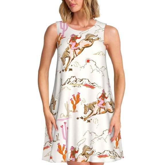 PAYOHTO Women's Sleeveless Dress Wild West Cute Rodeo Cowgirl In Desert Summer Dress Casual Floral Print Round Neck A Line Beach Short Sundress​ with Pockets​
