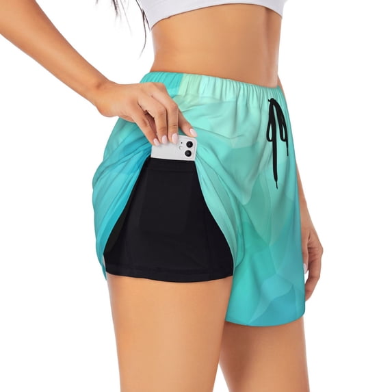 PAYOHTO Women's Workout Gym Shorts Lightweight Double-Layer Sports Shorts for Running Tennis Golf Abstract Geometric Blue Background