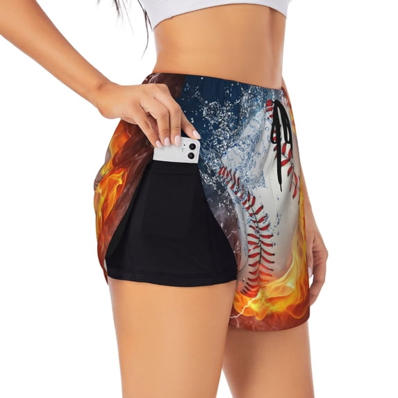 PAYOHTO Women's Workout Gym Shorts Lightweight Double-Layer Sports Shorts for Running Tennis Golf Baseball Ball Fire Water