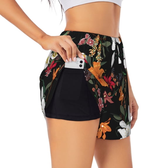 PAYOHTO Women's Workout Gym Shorts Lightweight Double-Layer Sports Shorts for Running Tennis Golf Beautiful Blooming Flower Black
