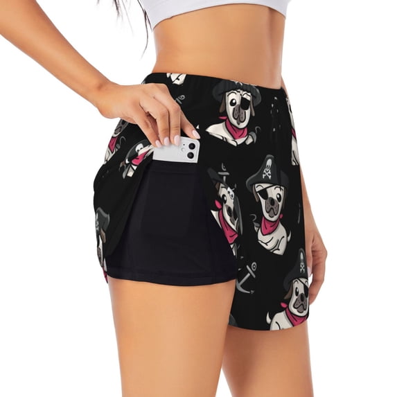 PAYOHTO Women's Workout Gym Shorts Lightweight Double-Layer Sports Shorts for Running Tennis Golf French Bulldog Pirate Dog