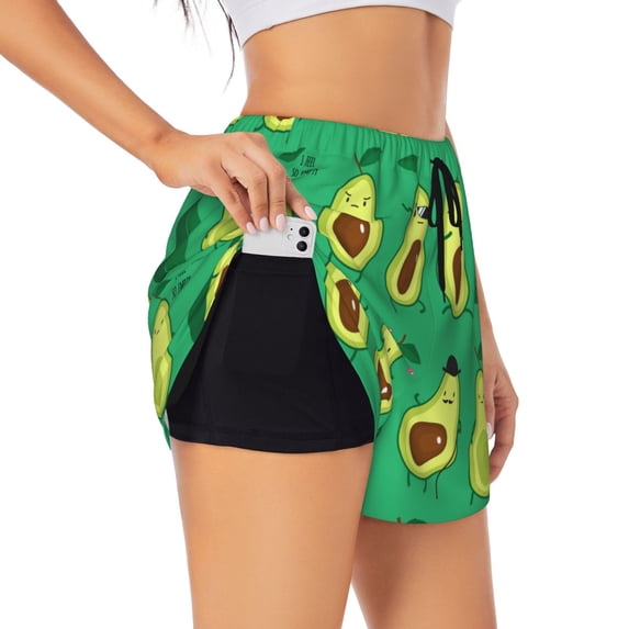 PAYOHTO Women's Workout Gym Shorts Lightweight Double-Layer Sports Shorts for Running Tennis Golf Funny Avocado