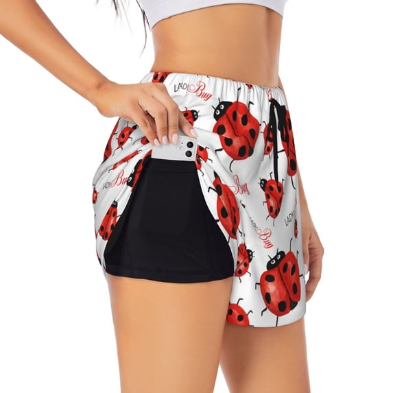 PAYOHTO Women's Workout Gym Shorts Lightweight Double-Layer Sports Shorts for Running Tennis Golf Ladybug