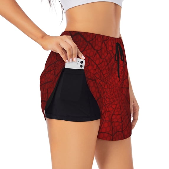 PAYOHTO Women's Workout Gym Shorts Lightweight Double-Layer Sports Shorts for Running Tennis Golf Spider Web Cobweb on Red