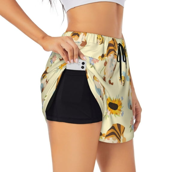 PAYOHTO Women's Workout Gym Shorts Lightweight Double-Layer Sports Shorts for Running Tennis Golf Sunflowers Honey Bees Gnomes