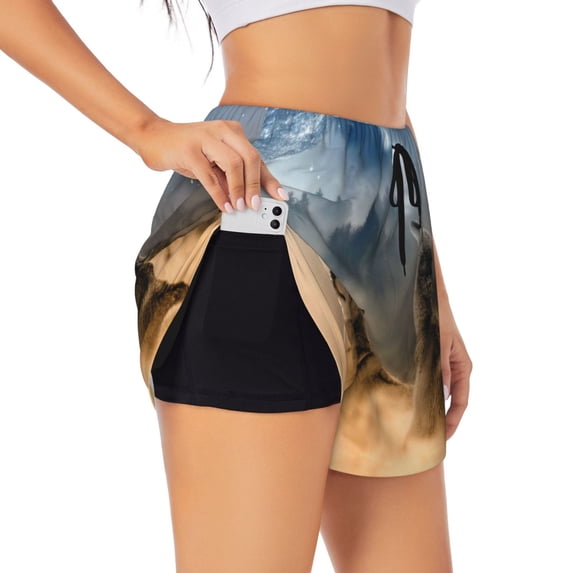 PAYOHTO Women's Workout Gym Shorts Lightweight Double-Layer Sports Shorts for Running Tennis Golf Wolf Howling Moon Stars Forest