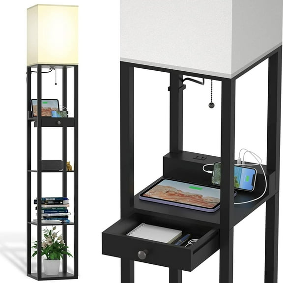 PAZZO 5-Tier Shelf Floor Lamp with Drawer and LED Bulb, 2 Charging Ports and Outlet, Black