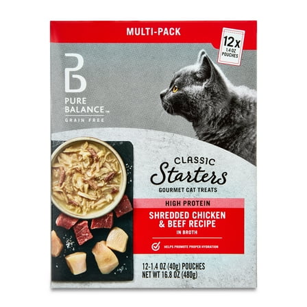 Pure Balance Grain Free Gourmet Wet Cat Treats, Shredded Chicken & Beef Recipe, 1.4 oz Pouches, 12 Count