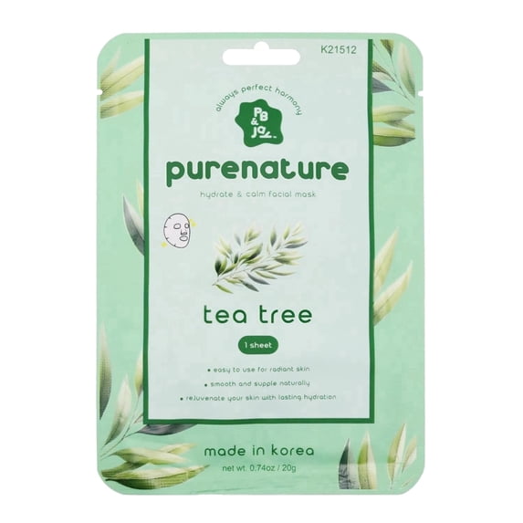PB & JAY Purenature Tea Tree Collagen Sheet Mask — Korean Face Mask with Ceramide + Hyaluronic Acid for Oily Skin, Clarifying & Blemish-Prone Care (1 Count)