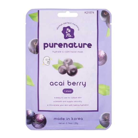 PB & JAY Purenature Acai Berry Collagen Sheet Mask — Korean Face Mask with Ceramide + Hyaluronic Acid for Antioxidant Protection & Revitalized Skin (1 Count)