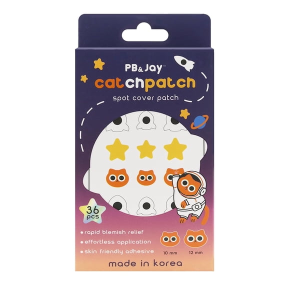 PB & Jay CatchPatch Hydrocolloid Pimple Patches, Cat Design Cat & star-shaped hydrocolloid dots Fun spot cover for pimples Absorbs excess fluid & protects 36ct