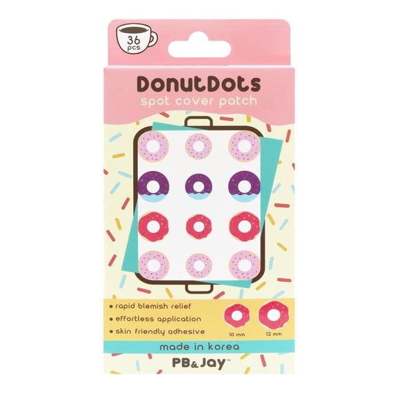 PB & Jay Donut Dots Hydrocolloid Spot Patches for Pimples Donut-shaped hydrocolloid dots Fun spot cover for pimples Absorbs excess fluid & protects 36ct