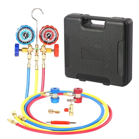 PB Motor Tech 3-Way AC Manifold Gauge Set for R134A, R12, R22 & R502 Refrigerants. with Quick Couplers, 410 Adapter, Can Tap & Valve Core Tool, for AC Maintenance. Includes Plastic Storage Case