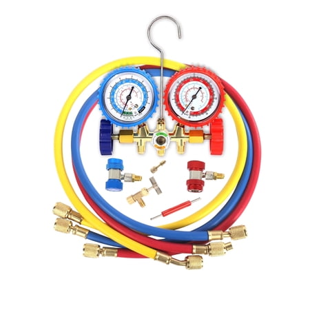 PB Motor Tech 3 Way AC Manifold Gauge Set for R134A, R12, R22 & R502 Refrigerants with Quick Couplers, 410 Adapter, Puncturing Can Tap & Valve Core Tool, for Automotive & Household AC Maintenance