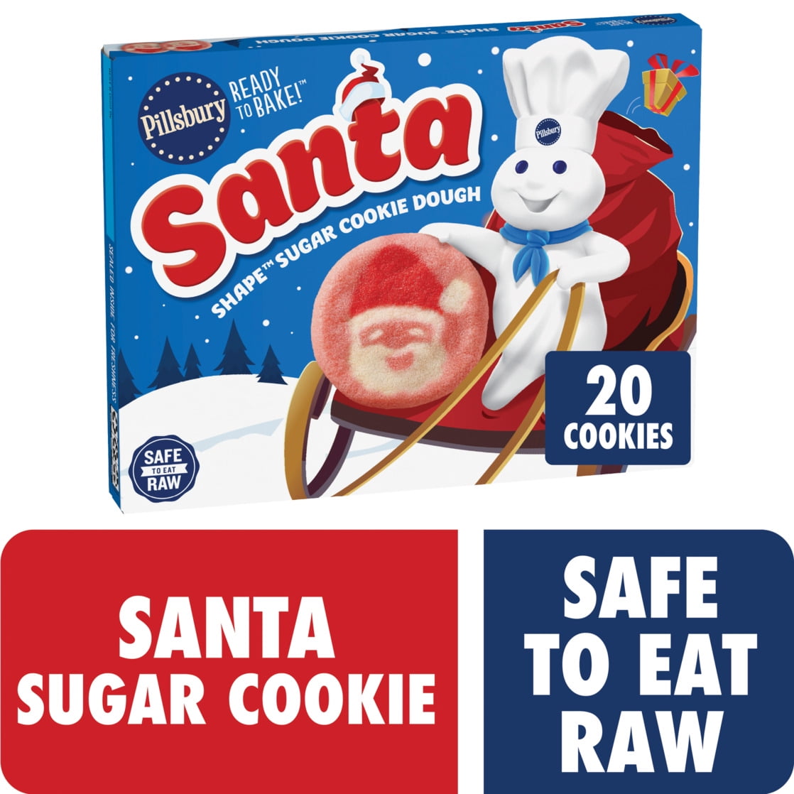 Pillsbury Ready to Bake! Santa Shape Sugar Cookie Dough, 20 Pre-Cut Cookies, 9.1 oz