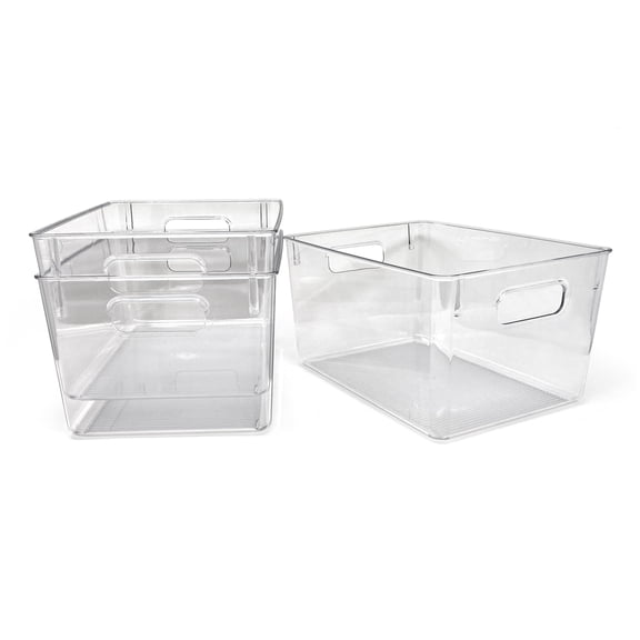 Isaac Jacobs Clear Bin Organizers with Handles, Large, 3-Pack – Stackable Plastic Storage Bins for Kitchen, Pantry, Fridge, and Home Organization