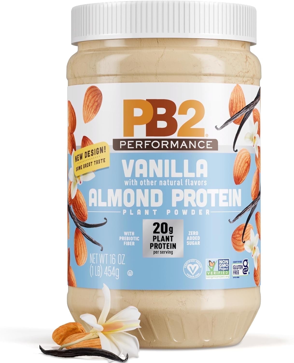 PB2 Performance Almond Plant Based Vegan Protein Powder | 20g Complete Protein, No Added Sugar, Prebiotic Fiber | Dairy Free, Certified Vegan, Non-GMO, Gluten Free [Almond w/Madagascar Vanilla, 1LB]