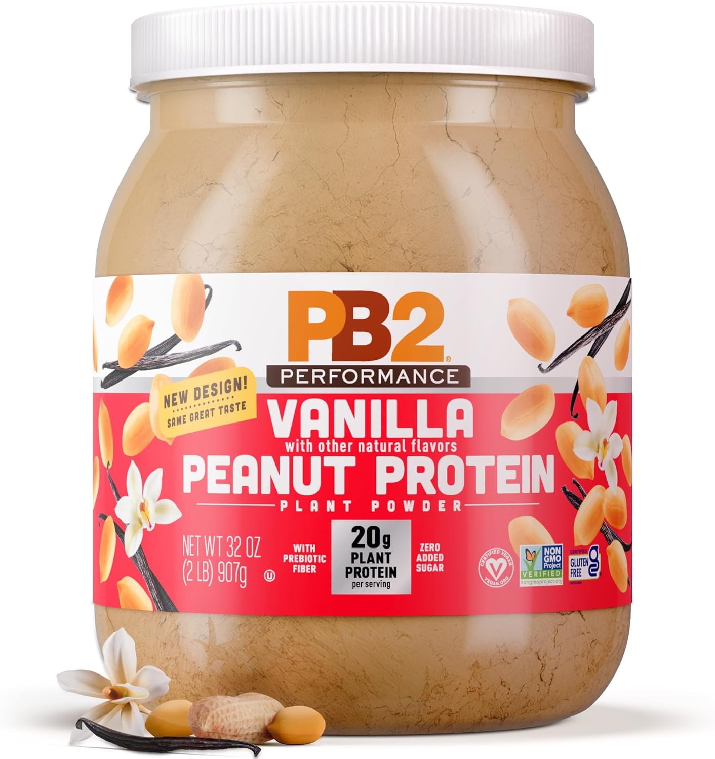 PB2 Performance Peanut Plant Based Vegan Protein Powder | 20g Complete Protein, No Added Sugar, Prebiotic Fiber | Dairy Free, Certified Vegan, Non-GMO, Gluten Free [Peanut w/Madagascar Vanilla, 2LB]