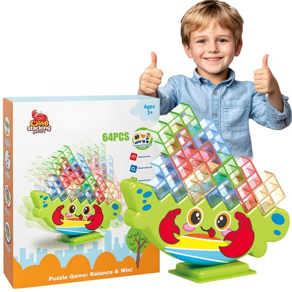 Crab Balance Tower Stacking Game for Kids Ages 3-8, 64PCS Colorful Translucent Building Blocks, Family Balance Board Game, Fine Motor Skill & Creative Learning Toy for Boys Girls
