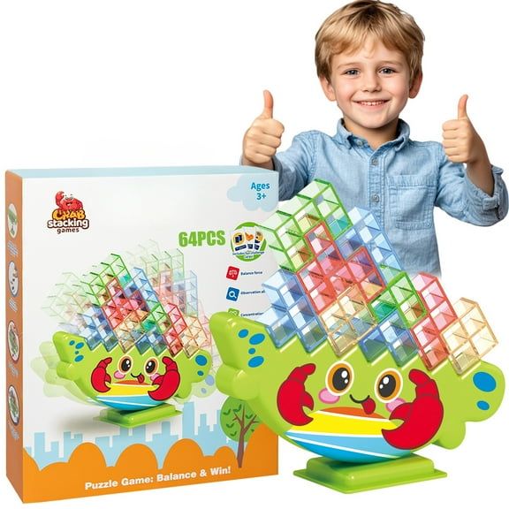 PBALPADL Crab Balance Stacking Game by Lktvy. 64PCS Ocean-Themed STEM Toy for Kids Ages 3 , Safe ABS Blocks with Challenge Cards, Fun Balance Game for Fine Motor Skills