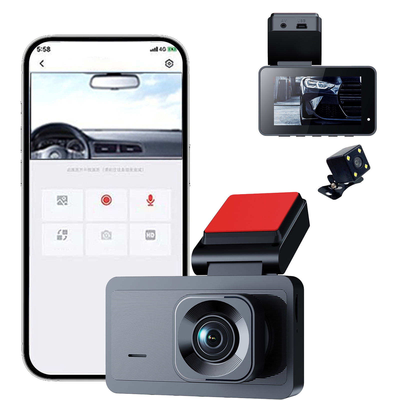 PBAZIH 3Inch Clear Front and Rear Dash Camera Loop Recording, Mobile