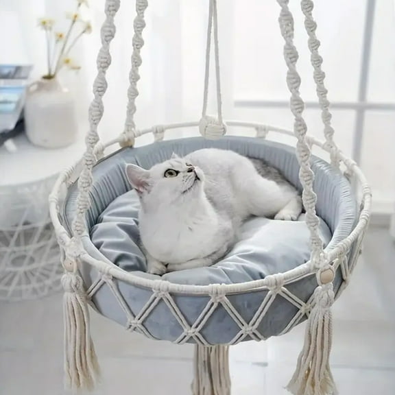 PBAZIH Hand Woven Kittens Hammocks Hanging Cat Bed, Cozy Cat Swings, Bohemian Style Pet Accessories, Elevated Cat Basket for Relaxation, Durable and Easy to Clean Cat Furniture