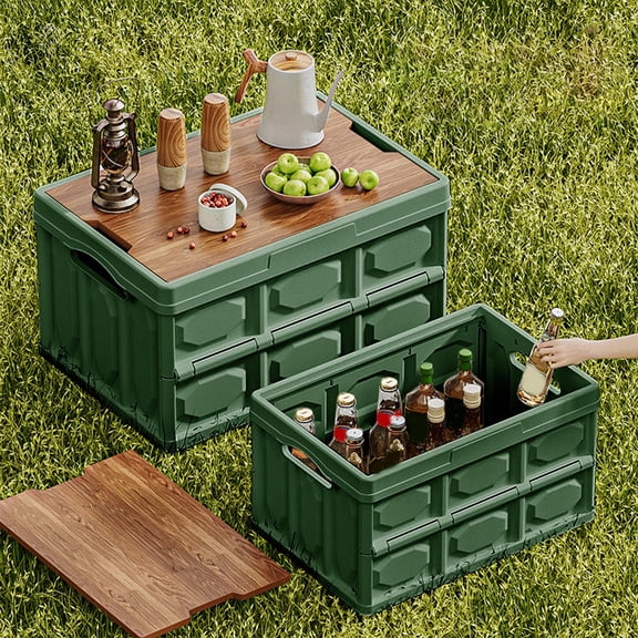 PBAZIH Outdoor Camping Storage Box, 20L Capacity Foldable Organizing Box with Wooden Lid, Portable and Collapsible for Car Trunk, Closet, and Picnic Use, Multifunctional Storage Solution