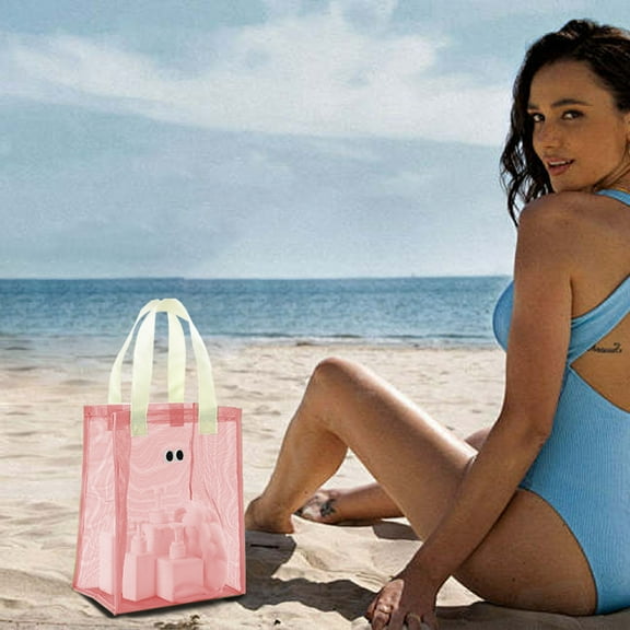 PBAZIH Sandproof Mesh Beach Bag, Large Capacity Tote for Swim, Pool, Grocery, Travel, Family Days, Foldable Polyester Beach Bag with Reinforced Trims for Easy Carrying