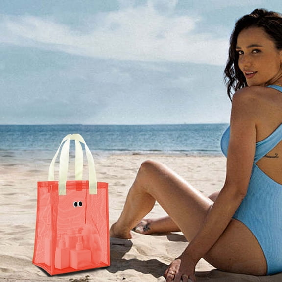 PBAZIH Sandproof Mesh Beach Bag, Large Capacity Tote for Swim, Pool, Grocery, Travel, Family Days, Foldable Polyester Beach Bag with Reinforced Trims for Easy Carrying